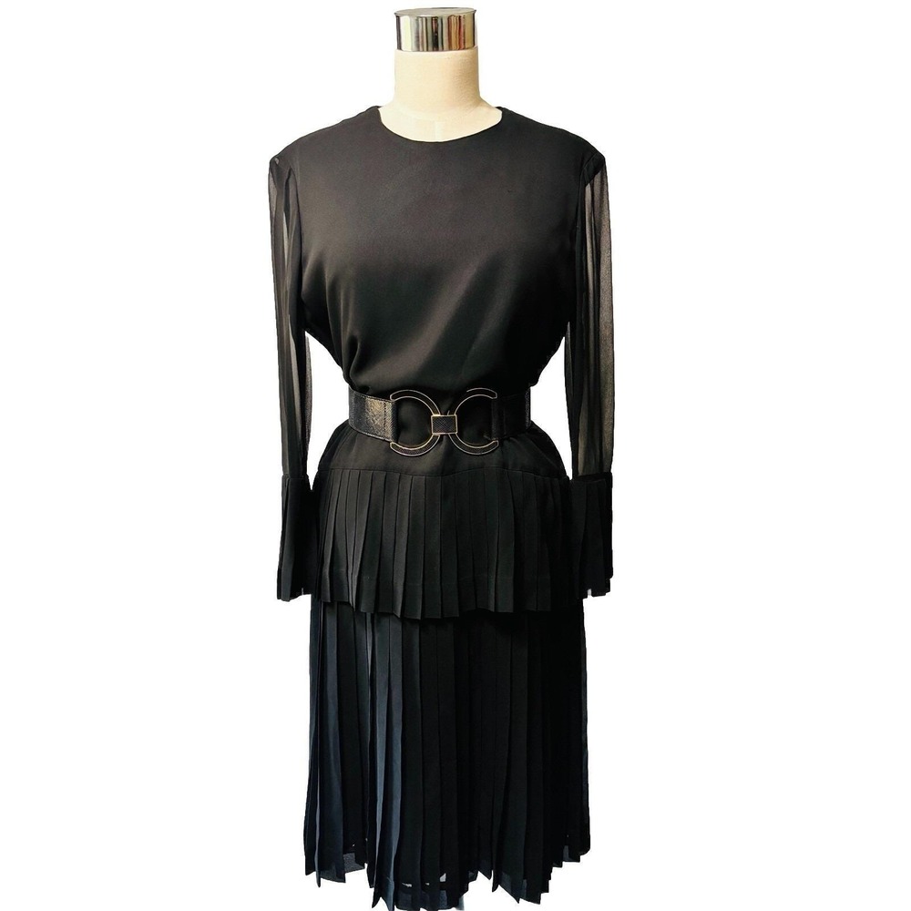 Vintage 80's Pierre Cardin Black Crepe Pleated Dress Sz M